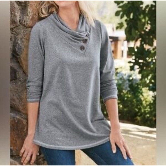 Soft Surroundings Brinley Cowl Button Collar Blue Heathered Sweater Womens Large - Picture 1 of 8